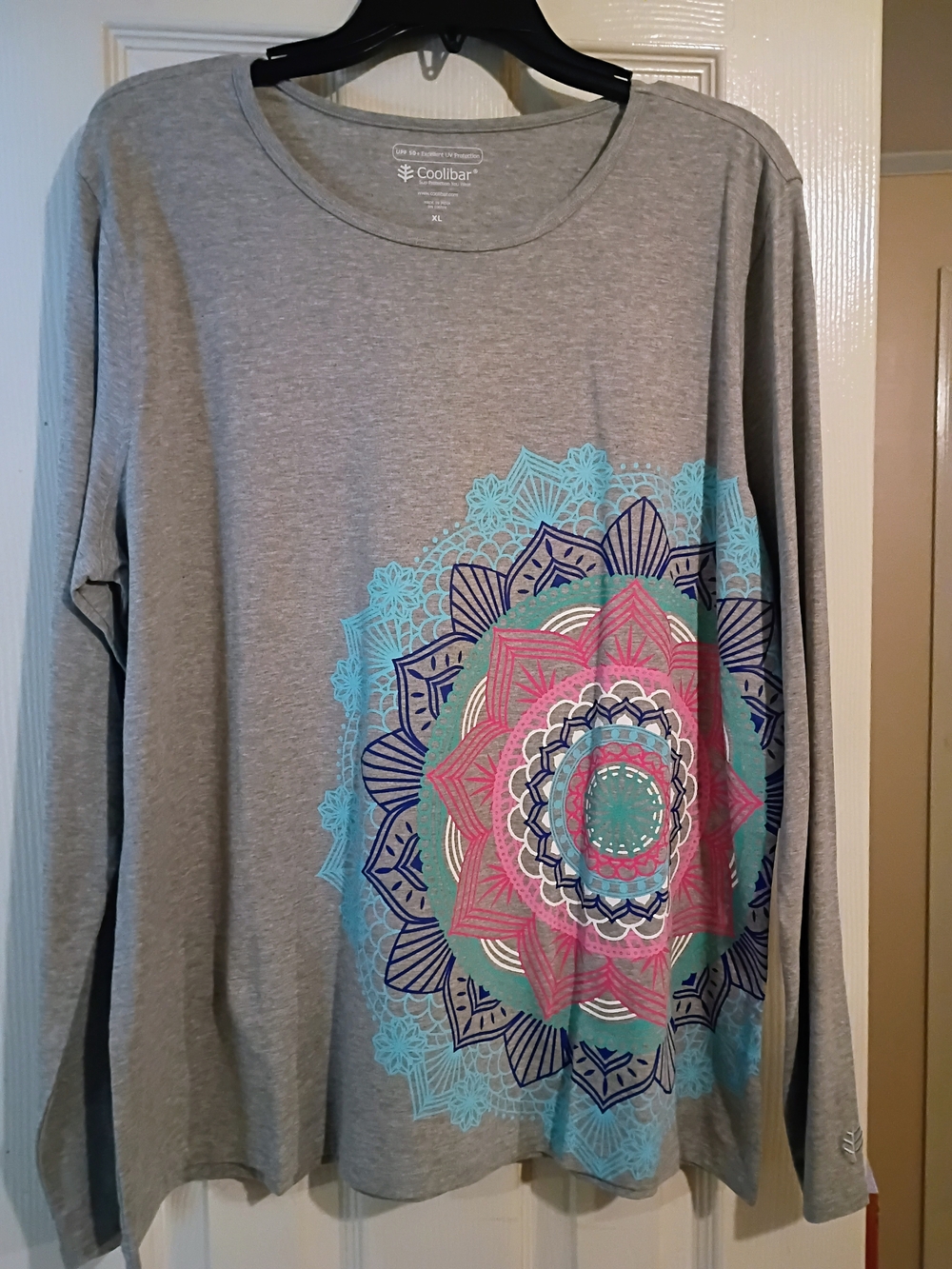 Coolibar Gray Long-Sleeve Women's Sun Top with Pink and Teal Mandala